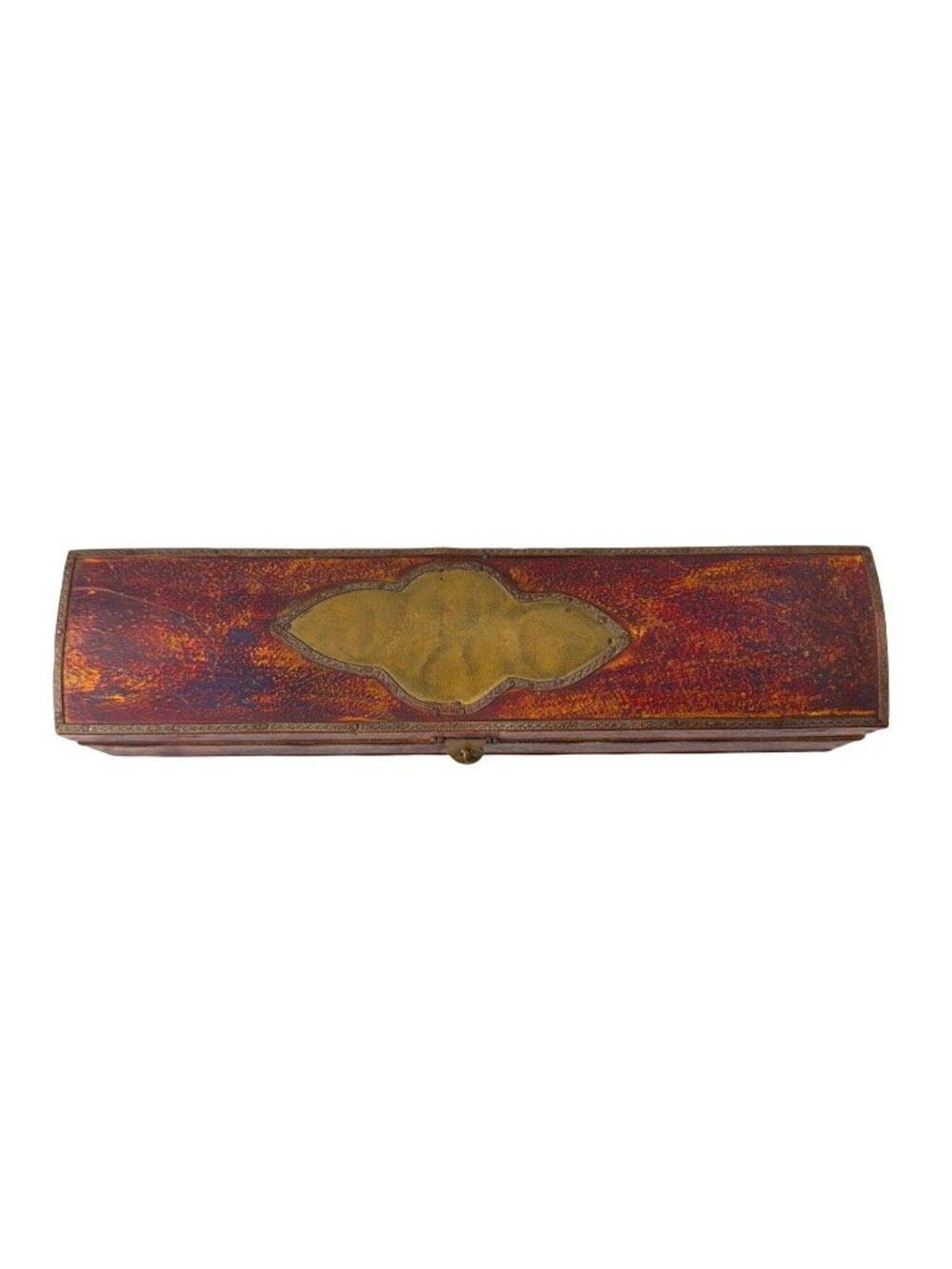 Vintage Lacquered Wooden Box with Brass Cartouche, 19th Century Long Document Pe